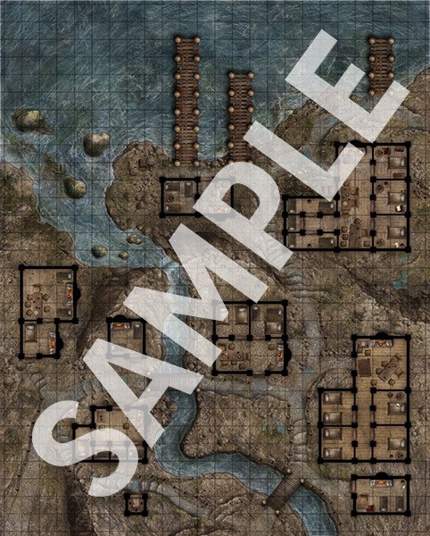 Pathfinder Flip-Mat Classics: Red Light District PDF sample map of a riverside city that includes several small buildings and some piers for boats to dock at
