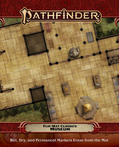 Pathfinder Flip-Mat Classics: Museum cover depicts a museum floor with a statue and displays of items; Wet, Dry, and Permanent Markers Erase from the Mat