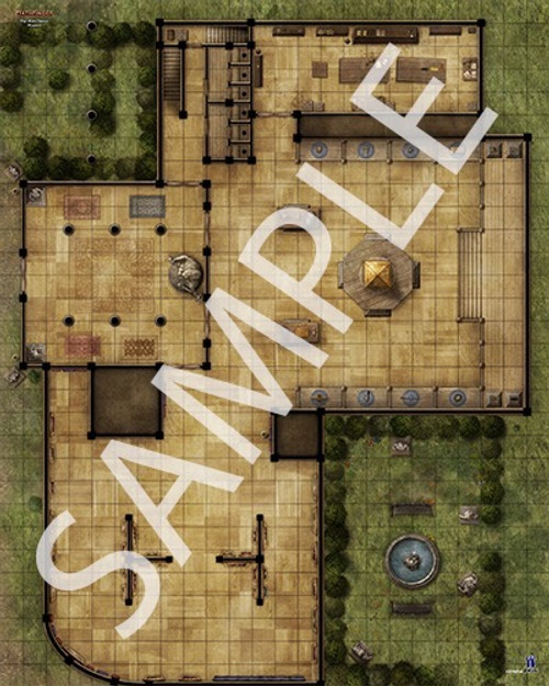 Pathfinder Flip-Mat Classics: Museum sample map of the ground floor of a museum with a statue, displays of items, and a workshop with lush gardens on the outside decorated with shrubs and a fountain