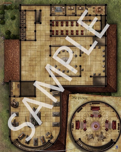 Pathfinder Flip-Mat Classics: Museum PDF sample map of the second floor of a museum with displays of animals and various offices and meeting rooms, and the third floor of the museum with a sitting area