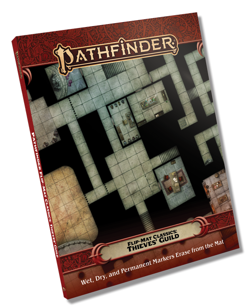 Pathfinder Flip-Mat Classics: Thieves' Guild PDF image of a book with its cover depicting a section of an underground complex with winding halls and chambers used by criminals; Wet, Dry, and Permanent Markers Erase from the Mat