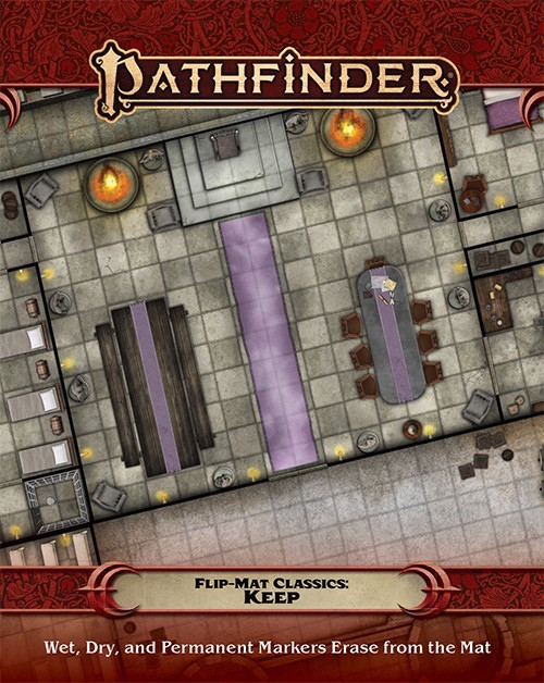 Pathfinder Flip-Mat Classics: Keep cover depicts the throne area and dining hall of a large fortress; Wet, Dry, and Permanent Markers Erase from the Mat