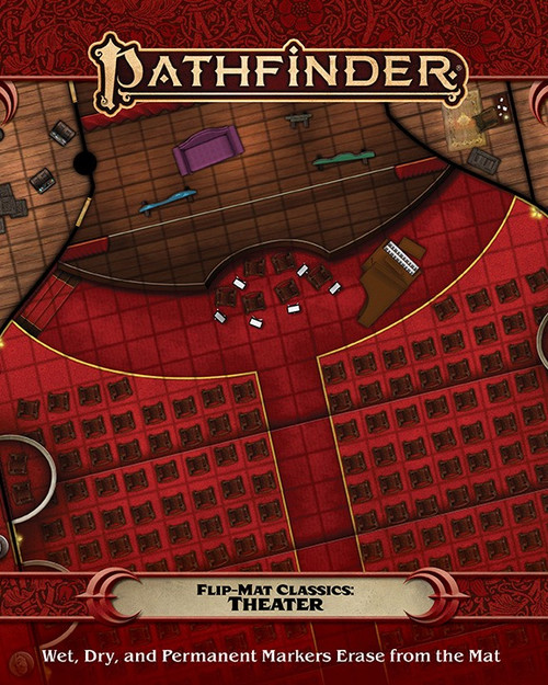 Pathfinder Flip-Mat Classics: Theater PDF cover depicts a section of an ornate stage and audience seating in front of it in a theater; Wet, Dry, and Permanent Markers Erase from the Mat