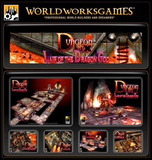 DungeonLinX: Lair of the Dragon God PDF, a medieval fantasy game PDF by World Works Games, featuring medieval-style illustrations, stone structures, fire, and dragon-themed elements on a dark background.