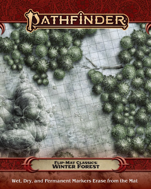Pathfinder Flip-Mat Classics: Winter Forest PDF cover depicts snow-covered trees, rocks, and ground; Wet, Dry, and Permanent Markers Erase from the Mat