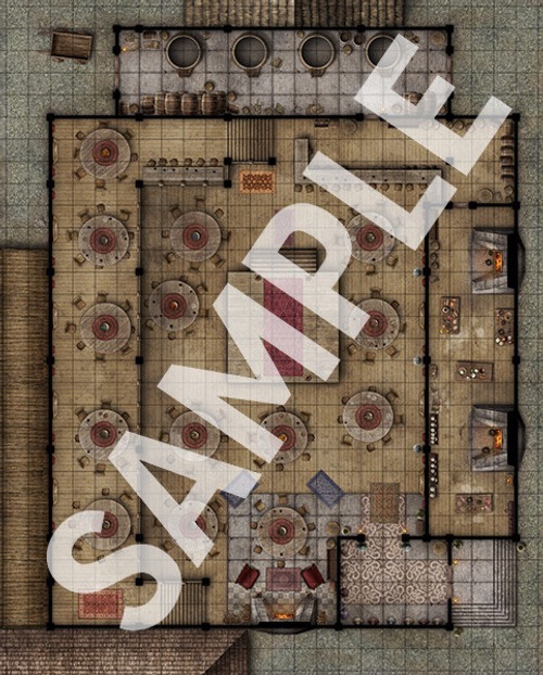 Pathfinder Flip-Mat Classics: Urban Tavern sample map of a large drinking hall with a stage and table for patrons, kitchen, and stoarge room