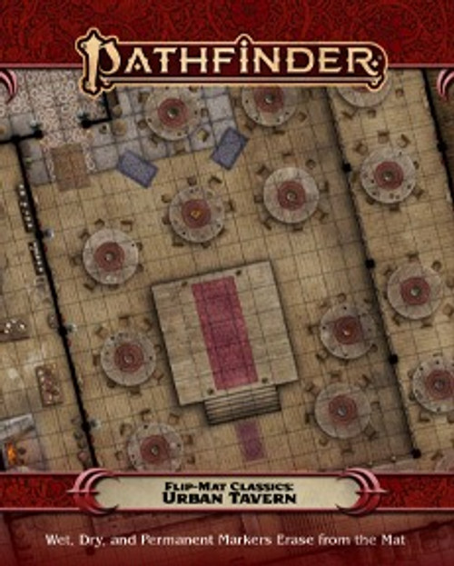 Pathfinder Flip-Mat Classics: Urban Tavern PDF cover depicts a large drinking hall with a stage and tables for patrons; Wet, Dry, and Permanent Markers Erase from the Mat