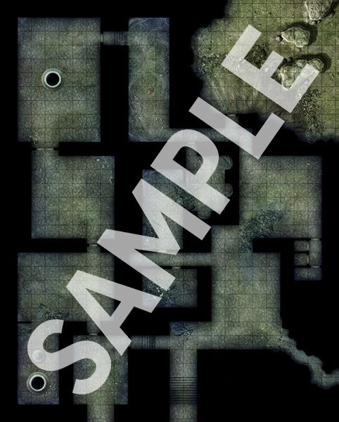 Pathfinder Flip-Mat Classics: Haunted Dungeon sample map of a dungeon with stone rooms connected by narrow hallways, one of which leads to a cavern with large rocks