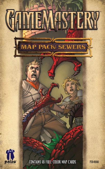 GameMastery Map Pack: Sewers PDF image depicts a man and a woman in a sewer tunnel looking aghast at crimson, scaled appendages scattered in front of them; Contains 18 Full-Color Map Cards, Paizo golem logo in the bottom left corner, "PZO4008" in the bottom right corner