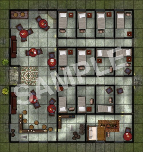 GameMastery Map Pack: Inns PDF sample map of a luxurious tavern with a main room with a bar, tables, and chairs, a kitchen near the bar, and down the hall there are bedrooms for patrons