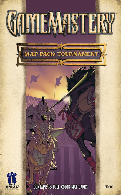 GameMastery Map Pack: Tournaments PDF image depicts a knight on horseback holding a lance about to clash with another knight who's out-of-frame on a horse charging ahead, and a jousting arena with its seats filled with the audience looms around them; Contains 18 Full-Color Map Cards, Paizo golem logo in the bottom left corner, "PZO4011" in the bottom right corner