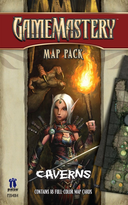 GameMastery Map Pack: Caverns PDF image depicts Merisiel the rogue exploring a cavern while holding a torch and a rapier with a large, scaled creature's menacing claw poised behind her, and the corners of two juxtaposed grid maps, one being partly of a cave, are visible on the right side; Contains 18 Full-Color Map Cards, Paizo golem logo and "PZO4014" in the bottom left corner