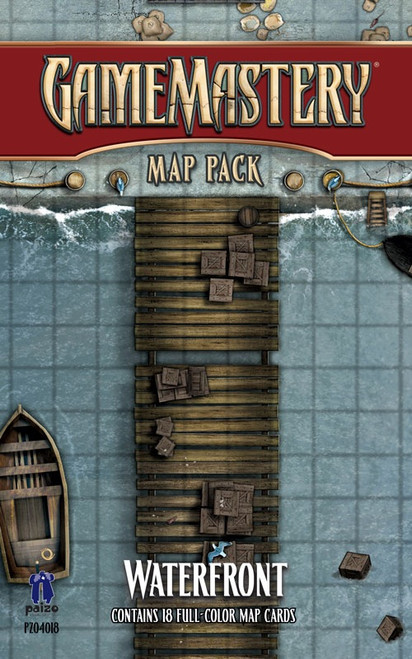 GameMastery Map Pack: Waterfront PDF image depicts a grid map of a pier with crates on it and a small boat on the water beside it; Contains 18 Full-Color Map Cards, Paizo golem logo and "PZO4018" in the bottom left corner
