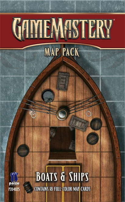 GameMastery Map Pack: Boats & Ships PDF image depicts a partial grid map of the bow of a large wooden ship with a door open to the hold underneath; Contains 18 Full-Color Map Cards, Paizo golem logo and "PZO4025" in the bottom left corner