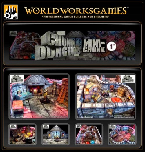MiniChunk PDF by Worldworks Games, featuring 3D terrain sets and building pieces, with vibrant colors, various structures and details, ideal for tabletop gaming and world building enthusiasts.