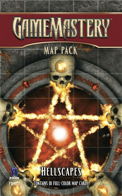 GameMastery Map Pack: Hellscapes PDF image depicts a grid map of five large skulls arranged in an infernal stone ritual circle, the flames coming from their jaws forming a fiery pentagram; Contains 18 Full-Color Map Cards, Paizo golem logo and "PZO4027" in the bottom left corner