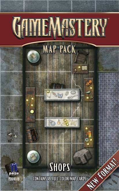 GameMastery Map Pack: Shops PDF image depicts a grid map of the interior of a shop with an assortment of miscellany; Contains 18 Full-Color Map Cards, Paizo golem logo and "PZO4028" in the bottom left corner, and "NEW FORMAT!" in the bottom right corner