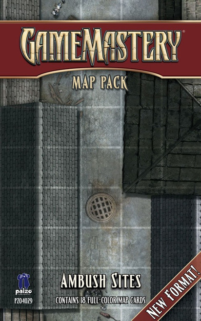GameMastery Map Pack: Ambush Sites PDF image depicts a portion of a city alley with a circular grate; Contains 18 Full-Color Map Cards, Paizo golem logo and "PZO4029" in the bottom left corner, and "NEW FORMAT!" in the bottom right corner