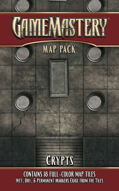 GameMastery Map Pack: Crypts PDF image depicts a grid map of a tomb surrounded by six columns in a crypt; Contains 18 Full-Color Map Tiles; Wet, Dry, & Permanent Markers Erase From the Tiles