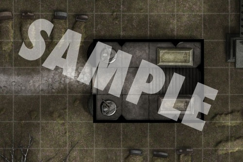 GameMastery Map Pack: Crypts PDF sample tile of the interior of a crypt in a graveyard with two statues standing in front of the crypt's entrance and two tombs on either side of stairs leading downward