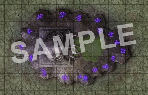 GameMastery Map Pack: Shrines PDF sample tile of a statue of a tentacled creature on a raised platform marked with glowing runes