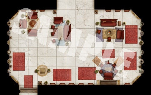 GameMastery Map Pack: Palace PDF sample tile of a luxurious living room with sofas, chairs, and tables with fine rugs