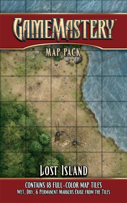 GameMastery Map Pack: Lost Island PDF image depicts the coast of a jungle island with a dirt pile that has two shovels stuck into it; Contains 18 Full-Color Map Tiles; Wet, Dry, & Permanent Markers Erase From the Tiles