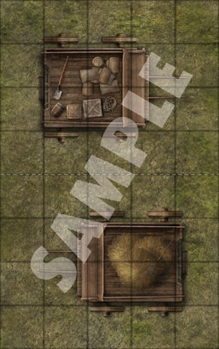 GameMastery Map Pack: Vehicles PDF sample tile of two large wagons filled with supplies and hay