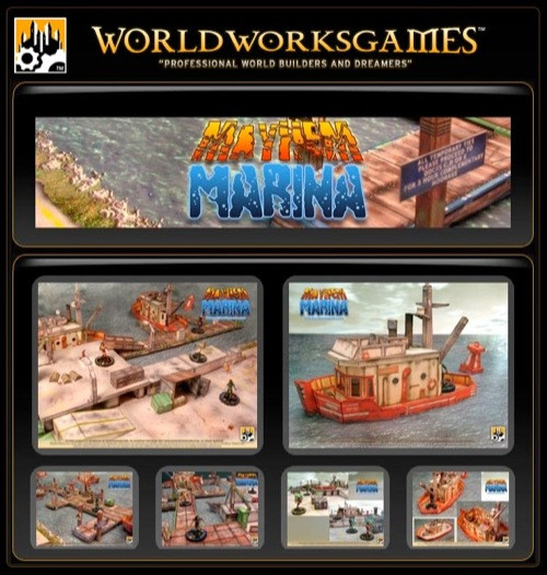 World Works Games Mayhem Marina PDF featuring colorful buildings, docks, and boats in vibrant orange, blue, and yellow, showcasing game components and artwork with detailed illustrations of marine scenes.