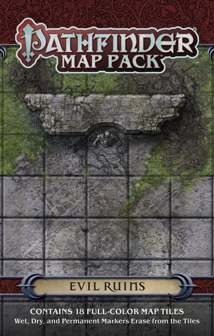 Pathfinder Map Pack: Evil Ruins PDF image depicts a statue standing on a pedestal in front of a crumbling wall; Contains 18 Full-Color Map Tiles; Wet, Dry, and Permanent Markers Erase from the Tiles