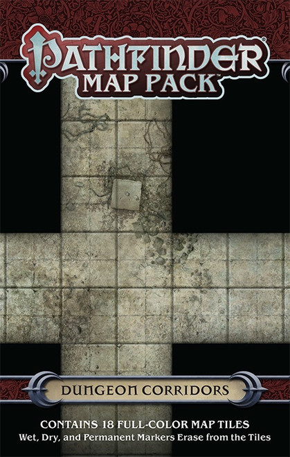 Pathfinder Map Pack: Dungeon Corridors PDF image depicts a four-way hall; Contains 18 Full-Color Map Tiles; Wet, Dry, and Permanent Markers Erase from the Tiles