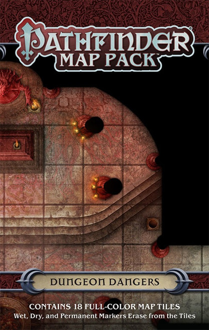 Pathfinder Map Pack: Dungeon Dangers PDF image depicts a section of an infernal sanctuary with lit columns, an imposing statue, and an altar; Contains 18 Full-Color Map Tiles; Wet, Dry, and Permanent Markers Erase from the Tiles