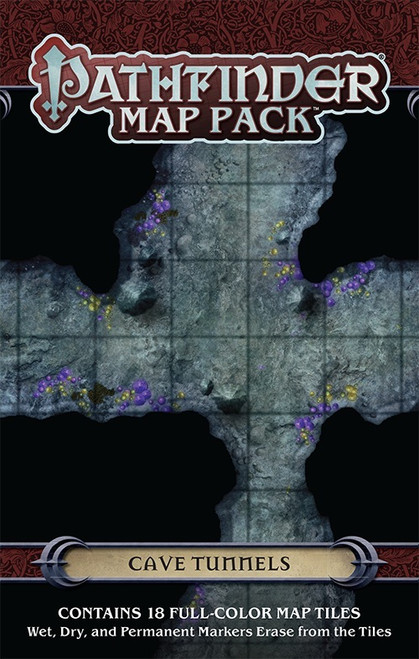 Pathfinder Map Pack: Cave Tunnels PDF Contains 18 Full-Color Map Tiles Wet, Dry, and Permanent Markers Erase from the Tiles; cover depicts a close-up of one of the maps, a four-way intersection of a gray stone cave speckled with purple fungus