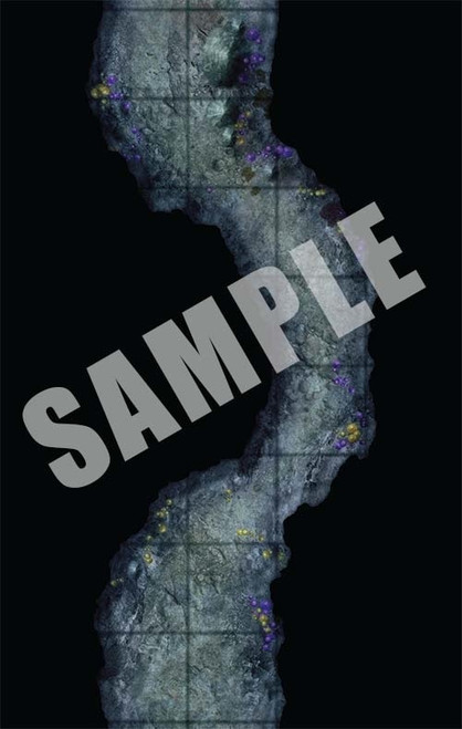 Pathfinder Map Pack: Cave Tunnels PDF, depicting a sample of one of the maps, a one-way passage of gray stone cave speckled with purple fungus