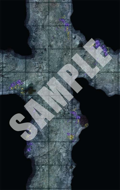 Pathfinder Map Pack: Cave Tunnels PDF, depicting a sample of one of the maps, a four-way intersection of gray stone cave speckled with purple fungus
