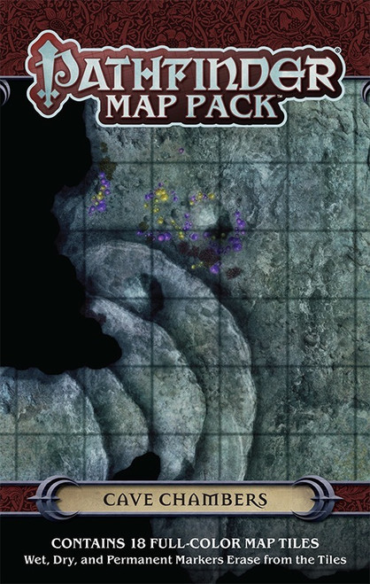 Pathfinder Map Pack: Cave Chambers PDF Contains 18 Full-Color Map Tiles Wet, Dry, and Permanent Markers Erase from the Tiles; cover depicts a close-up of one map, in which a set of stairs roughly carved from the natural gray stone descend into the darkness, speckled with yellow and purple fungus