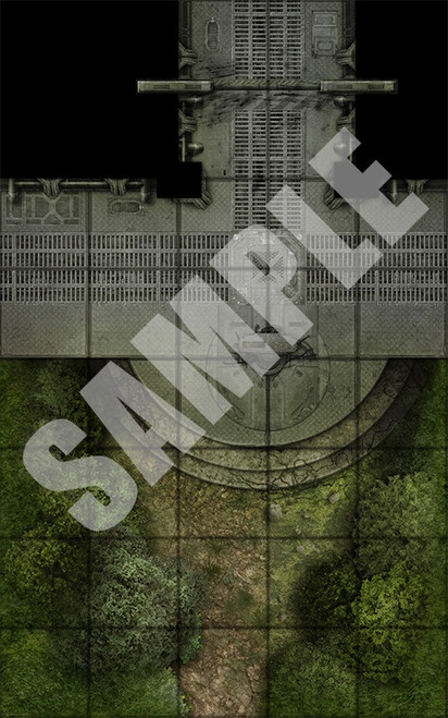 Pathfinder Map Pack: Starship Chambers sample, depicting an overgrown metal catwalk over the overgrown entrance to an abandoned facility 