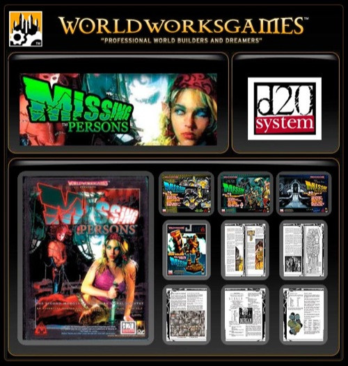 Missing Persons D20 version PDF by Worldworks Games features a woman on a black background with gold text, including the game logo, and various D20 game components, a digital product for tabletop role-playing games fans.