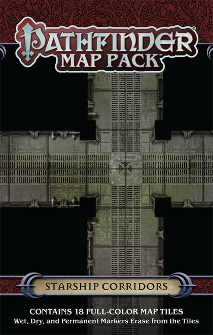  Pathfinder Map Pack: Starship Corridors PDF Contains 18 Full-Color Map Titles Wet, Dry, and Permenant Markers Erase from the Titles; cover depicts one of the tiles, featuring a four-way intersection of high-tech metallic catwalks over an endless black void