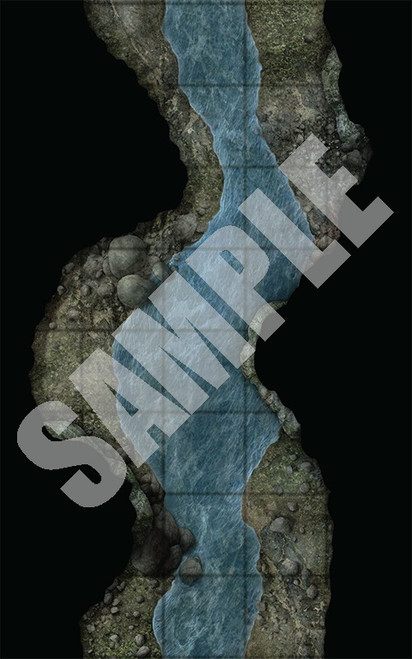 Pathfinder Map Pack: Sea Caves PDF sample, depicting a straight passage of flooded cave that curves to the right and a gray stone shorline
