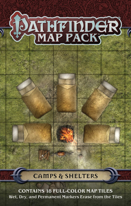Pathfinder Map Pack: Camps & Shelters PDF Contains 18 Full-Color Map Titles Wet, Dry, and Permanent Markers Erase from the Titles; cover depicts one of the tiles, a simple campsite in which five yellow bedrolls surround a campfire
