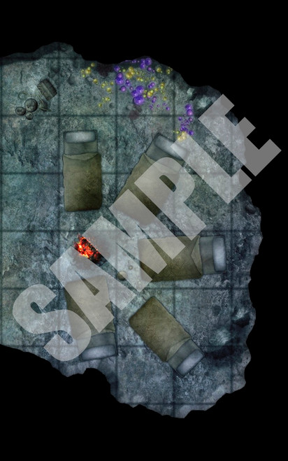 Pathfinder Map Pack: Camps & Shelters PDF sample depicting a campsite in a dark cave with five bedrolls surrounding a small fire