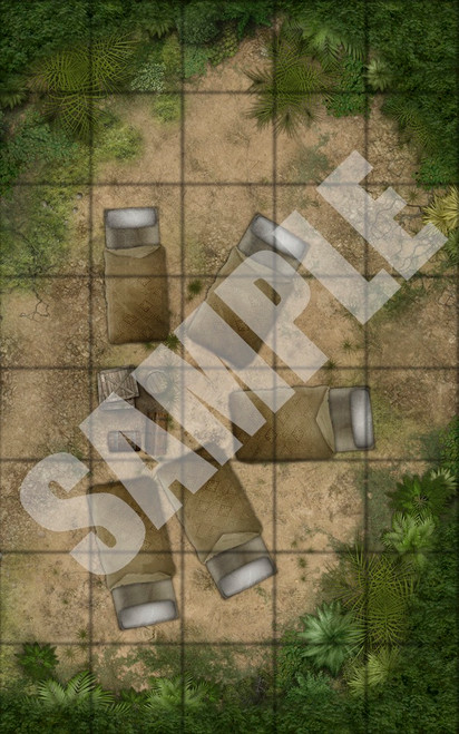 Pathfinder Map Pack: Camps & Shelters PDF sample depicting a campsite in a woodsy grove with five bedrolls surrounding a small fire