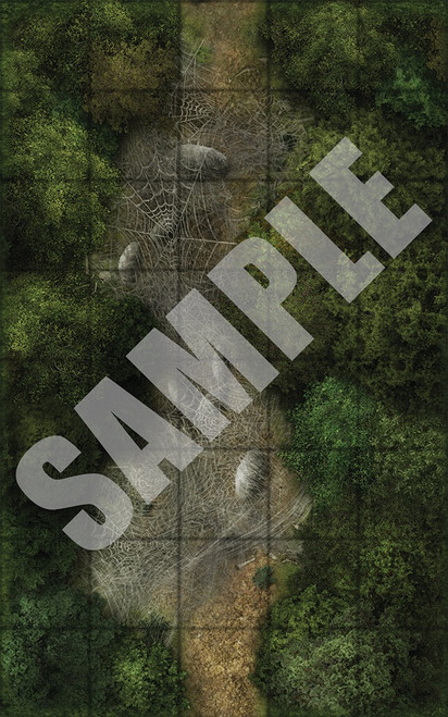Pathfinder Map Pack: Forest Dangers sample depicting a forest path strewn with giant spiderwebs, many of them heavy with large creatures wrapped in their webs