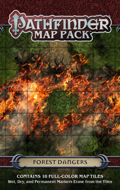 Pathfinder Map Pack: Forest Dangers PDF Contains 18 Full-Color Map Titles Wet, Dry, and Permanent Markers Erase from the Titles; cover depicts one of the tiles, in which a raging forest fire tears through a green woods