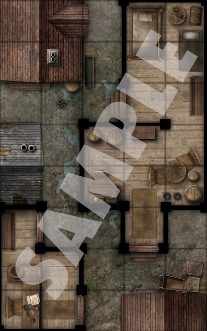 Pathfinder Map Pack: Slum Quarter Alleys PDF sample depicting both exterior view of a tightly-packed, dirty alleyway and the interiors of two tiny, crowded hovels