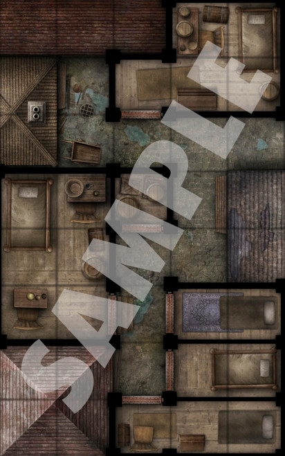 Pathfinder Map Pack: Slum Quarter Alleys PDF sample depicting a number of tiny tennament tightly packed into a crowded, dirty alley
