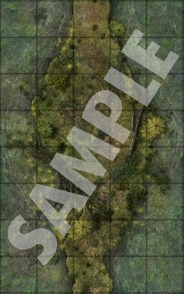 Pathfinder Map Pack: Marsh Trails PDF sample depicting a narrow trail of solid ground though a dense marshland with brakish water on either side