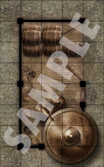Pathfinder Map Pack: Urban Sites PDF sample depicting a small storage shed filled with barrels