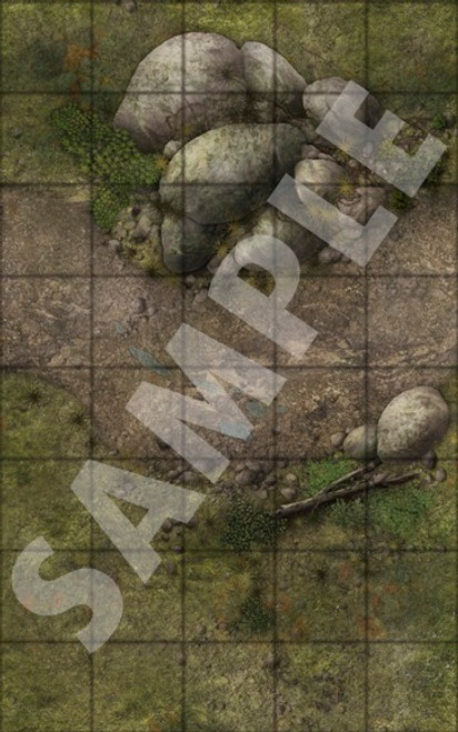 Pathfinder Map Pack: Road System PDF sample depicting a dirt road wrapping around a pile of large gray rocks